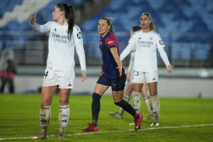 Ewa Pajor of FC Barcelona celebrates a goal during the Copa de la Reina, Spanish Women Cup, Semi Final First Leg match between Real Madrid and FC Barcelona, at Alfredo Di Stefano stadium on March 06, 2025, in Valdebebas, Madrid, Spain.