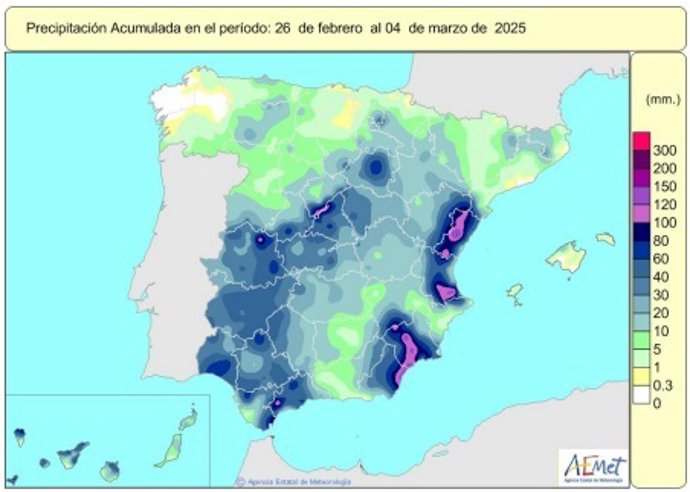 Las precipitaciones acumuladas se cifran en 351 l/m2, algo por encima de lo habitual, tras una semana muy lluviosa.