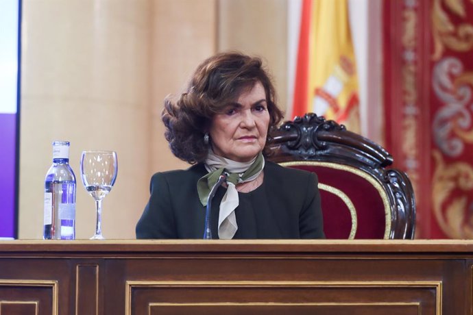 La presidenta del Consejo de Estado, Carmen Calvo, durante la celebración de la XII Cumbre de Mujeres Juristas "Igualdad y Derechos Humanos: un reto común’’, en el Senado, a 6 de marzo de 2025, en Madrid (España). La cumbre se celebra hoy y mañana, 7 de m