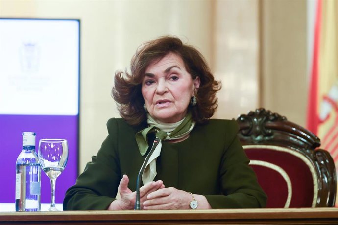 La presidenta del Consejo de Estado, Carmen Calvo, durante la celebración de la XII Cumbre de Mujeres Juristas "Igualdad y Derechos Humanos: un reto común’’, en el Senado, a 6 de marzo de 2025, en Madrid (España). 