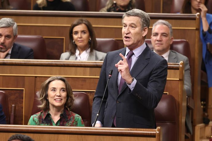 O presidente do PP, Alberto Núñez Feijóo, durante uma sessão plenária no Congresso dos Deputados, em 19 de fevereiro de 2025, em Madri (Espanha). A primeira vice-presidente e ministra da Fazenda, María Jesús Montero, ocupa o centro do palco na sessão plen