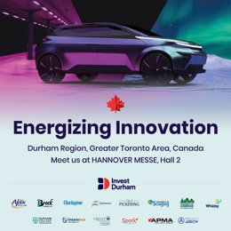 Image of Project Arrow with the text: Energizing Innovation. Durham Region, Greater Toronto Area, Canada. Meet us at Hannover Messe, Hall 2. Below are the logos of participating partners.