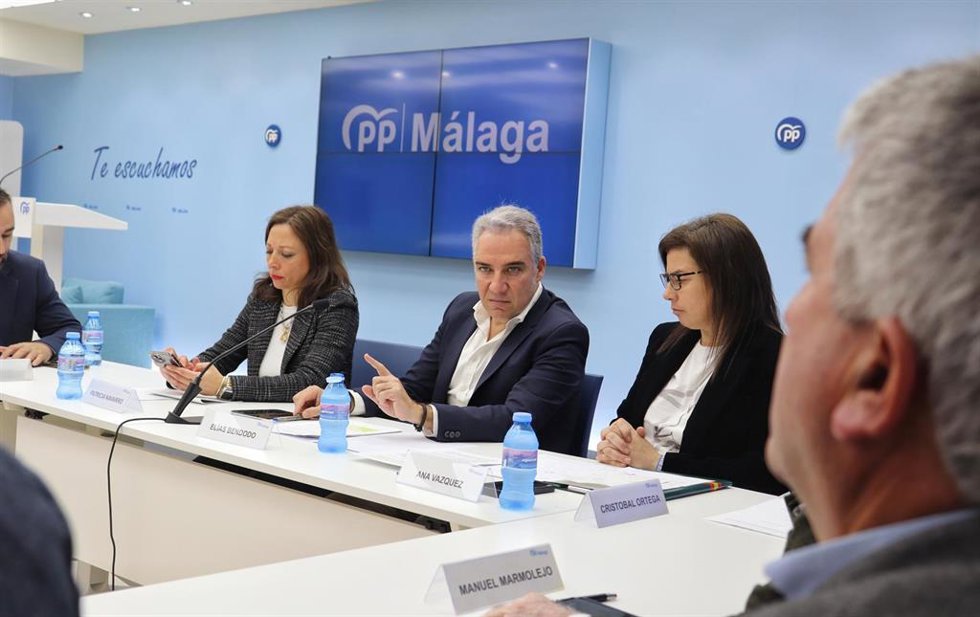 El vicesecretario de Coordinación Autonómica y Local y Análisis Electoral del PP, Elías Bendodo, en rueda de prensa en Málaga.