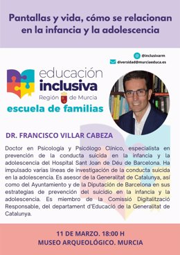 El psicólogo clínico Francisco Villar ofrece una charla el próximo martes en el marco de Escuela para Familias, iniciativa de la Consejería de Educación y Formación Profesional.