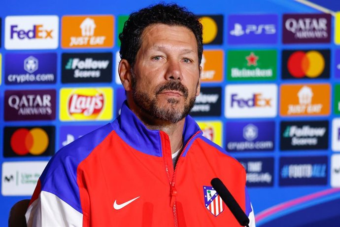Diego Pablo Simeone, head coach of Atletico de Madrid, attends his press conference ahead of the UEFA Champions League, football match against Real Madrid CF, at Riyadh Air Metropolitano on March 03, 2025, in Madrid, Spain.