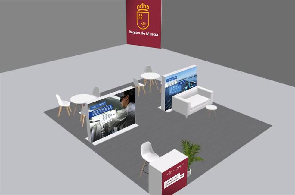 Recreación del stand que la Consejería de Medio Ambiente, Universidades, Investigación y Mar Menor, tendrá en 'Transfiere'.