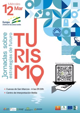Cartel anunciador de la jornada 'Turismo: Estrategias de futuro', que se celebra el 12 de marzo en el Centro de Interpretación Belda de Cuevas de San Marcos.