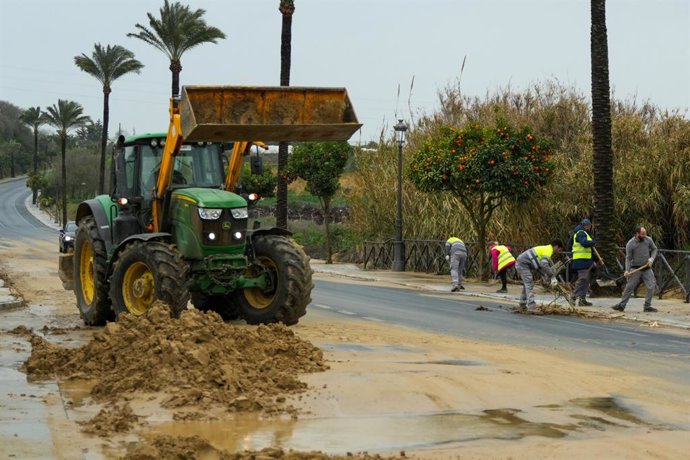 Archivo - Arquivo - Trabalhadores removem lama de uma estrada no município de Moguer. Em 21 de janeiro de 2025, em Huelva (Andaluzia, Espanha). A Junta de Andalucía ativou a fase 1 da emergência de risco de inundação do Plano Especial de Emergência (PERI)