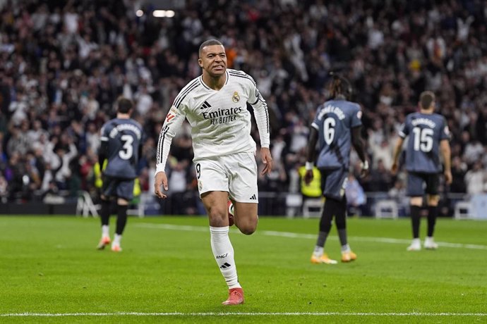 Kylian Mbappe of Real Madrid celebrates a goal during the Spanish League, LaLiga EA Sports, football match played between Real Madrid and Rayo Vallecano at Santiago Bernabeu stadium on March 09, 2025, in Madrid, Spain.