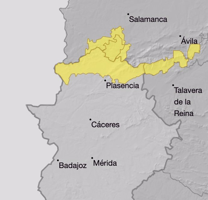 Zona de Extremadura que se verá afectada este lunes por la alerta amarilla por lluvias