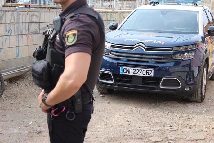 Archivo - Imagen de un agente y un coche patrulla de la Policía Nacional.