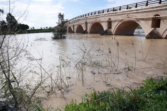 Crecida del río Guadalete a su paso por el puente de la Cartuja en Jerez de la Frontera (Cádiz)