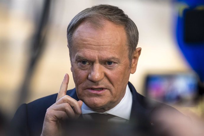 March 6, 2025, Brussels, Bxl, Belgium: Donald Tusk ,  Prime Minister of the Republic of Poland  talks to the press prior to European Union Summit at European Council headquarters in Brussels, Belgium on 06/03/2025 to discuss further support for Ukraine an