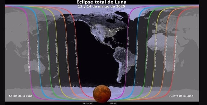 Mapa mostrando onde o eclipse lunar de 13-14 de março de 2025 será visível. Os contornos marcam a borda da região de visibilidade nos horários de contato do eclipse, identificados com o horário universal (UTC).