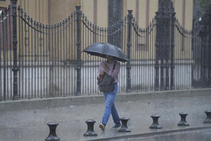 Archivo - Una mujer con paraguas pasa junto al Palacio de San Telmo.