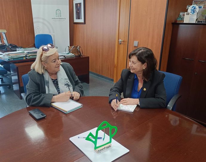 La presidenta del Colegio de Médicos de Huelva, Mercedes Ramblado, y la delegada de Salud, Manuela Caro, en la reunión.
