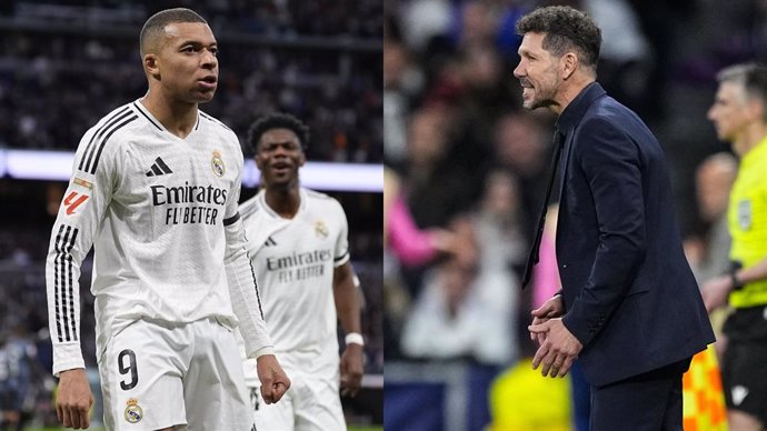 El futbolista del Real Madrid Kylian Mbappé y el entrenador del Atlético de Madrid, Diego Pablo Simeone.