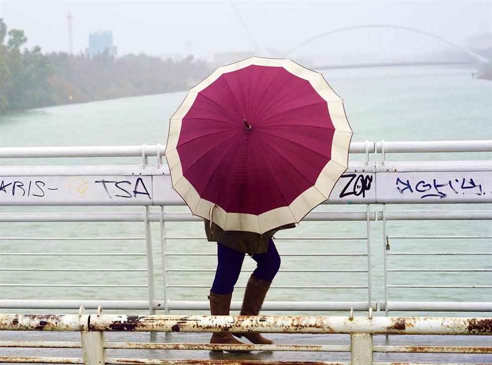 Archivo - Un persona se protege de la lluvia y el viento caminando por la pasarela  peatonal de la Cartuja en un día lluvioso y con fuertes rachas de viento en la provincia. En Sevilla (Andalucía, España), a 09 de febrero de 2021.