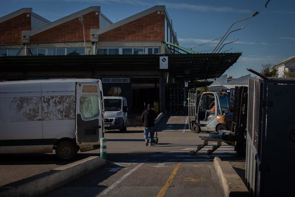 Archivo - Dos trabajadores transportan mercancía en Mercabarna