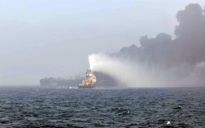 10 March 2025, ---: Black smoke billows into the air after a crash between an oil tanker and a cargo ship off the coast of East Yorkshire. Lifeboats and a coastguard helicopter were called to the collision in the Humber Estuary just before 10am, believed 