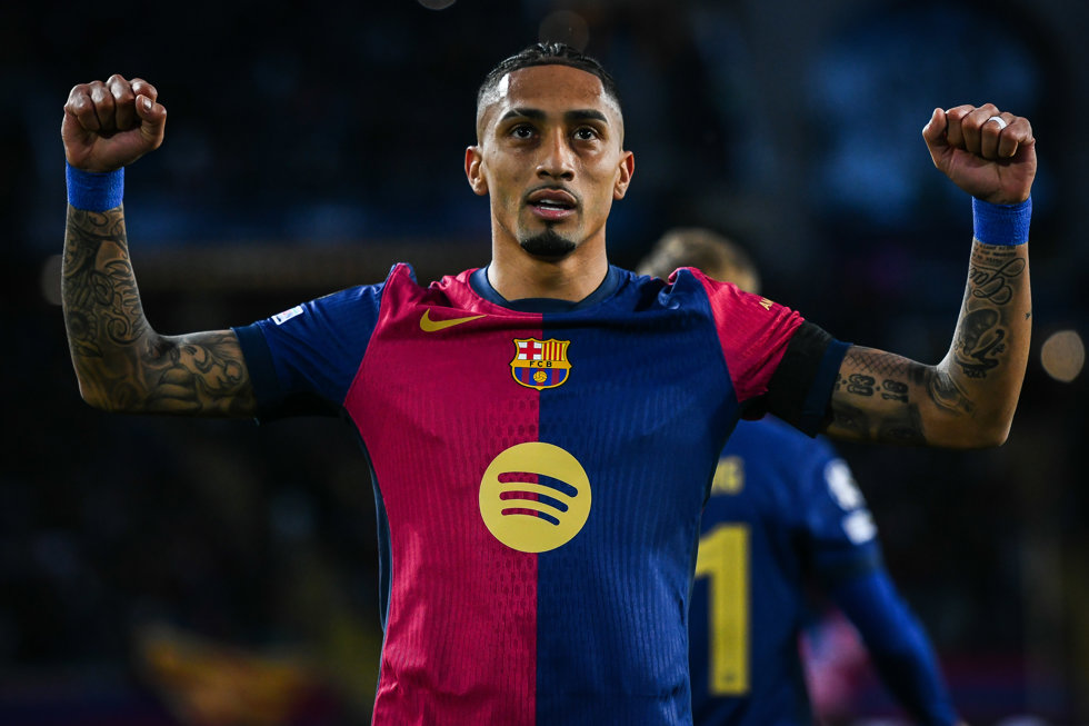 11 March 2025, Spain, Barcelona: Barcelona's Raphinha celebrates his goal during the UEFA Champions League match between FC Barcelona and SL Benfica at Estadi Olimpic Lluis Companys. Photo: Matthieu Mirville/ZUMA Press Wire/dpa