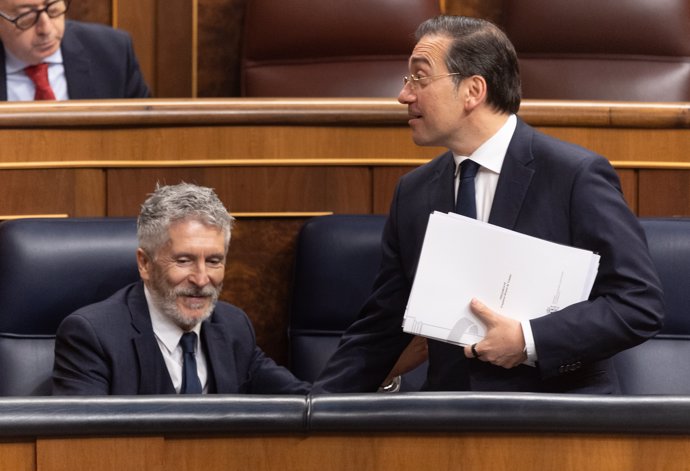 El ministro de Interior, Fernando Grande-Marlaska (i) y el ministro de Asuntos Exteriores, Unión Europea y Cooperación, José Manuel Albares (d), durante un pleno en el Congreso de los Diputados, a 12 de marzo de 2025, en Madrid (España).