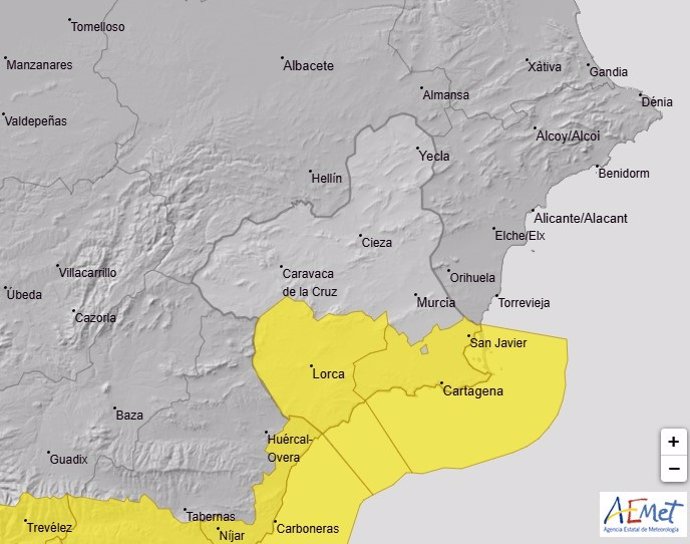 Mapa que muestra los avisos amarillos activos en la Región