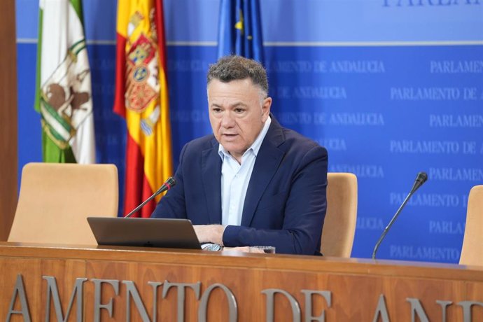 El diputado de Por Andalucía Juan Antonio Delgado, en rueda de prensa en el Parlamento andaluz.