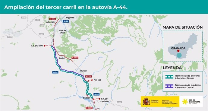 Proyecto de trazado y construcción para ampliar la capacidad y mejorar la movilidad de la A-44 entre Alhendín y Béznar, en la provincia de Granada.