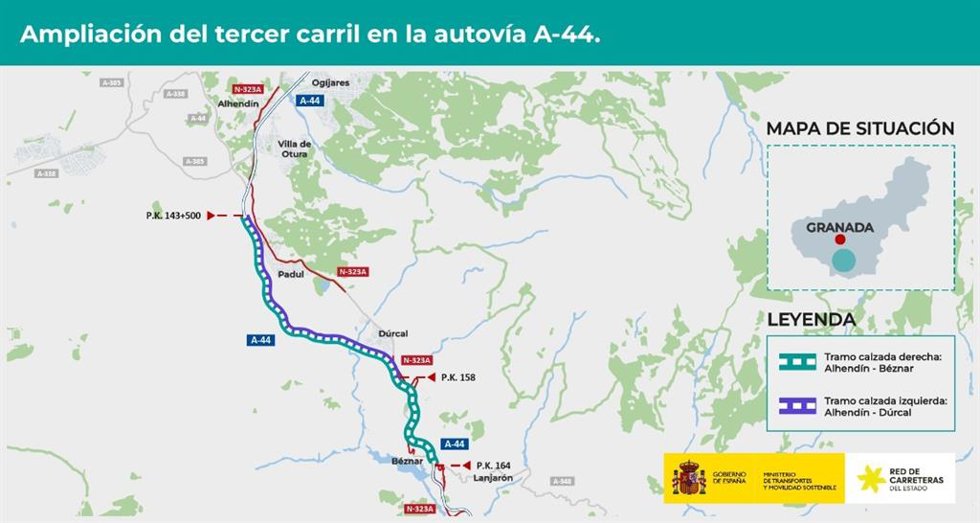 Proyecto de trazado y construcción para ampliar la capacidad y mejorar la movilidad de la A-44 entre Alhendín y Béznar, en la provincia de Granada.