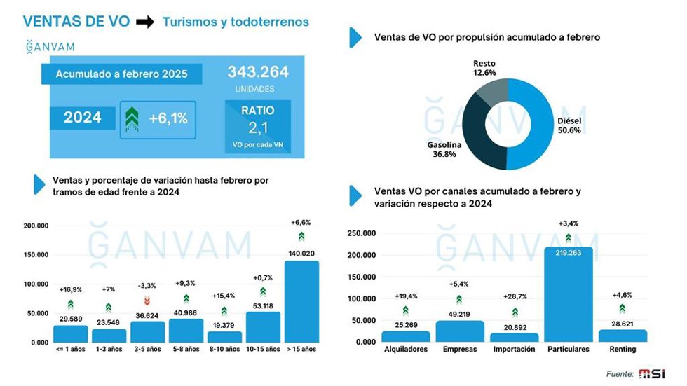 Las ventas de turismos de ocasión hasta febrero alcanzan las 343.264 unidades, un 6,1% más.
