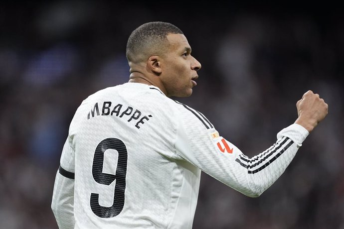 Kylian Mbappe of Real Madrid celebrates a goal during the Spanish League, LaLiga EA Sports, football match played between Real Madrid and Rayo Vallecano at Santiago Bernabeu stadium on March 09, 2025, in Madrid, Spain.