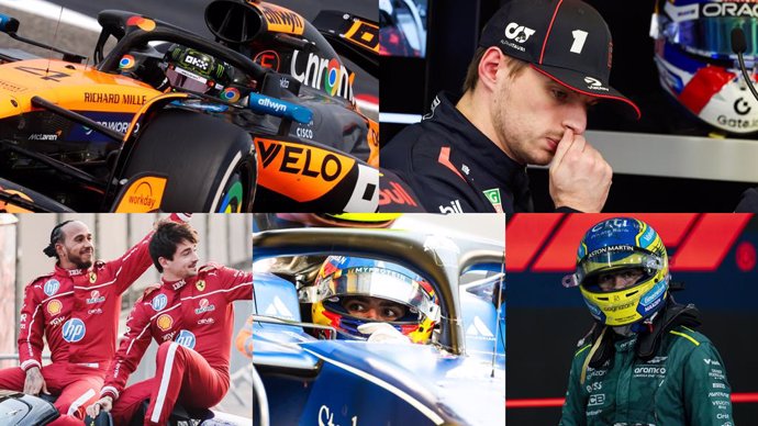 Los pilotos de F1 Lando Norris (McLaren), Max Verstappen (Red Bull), Lewis Hamilton y Charles Leclerc (Ferrari), Carlos Sainz (Williams) y Fernando Alonso (Aston Martin).