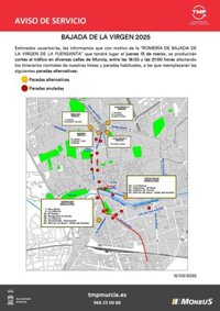 Murcia habilita este jueves paradas de transporte público alternativas con motivo de la bajada de La Fuensanta