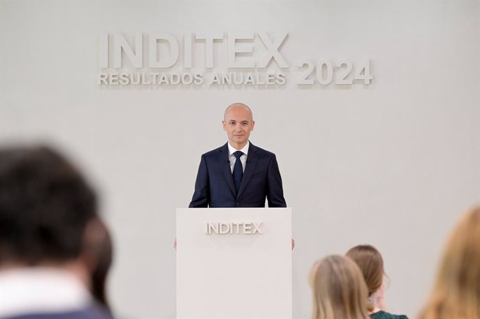 El consejero delegado de Inditex, Óscar García Maceiras, interviene durante la presentación de resultados de Inditex del 2024, a 12 de marzo de 2025, en Santiago de Compostela, A Coruña, Galicia (España).