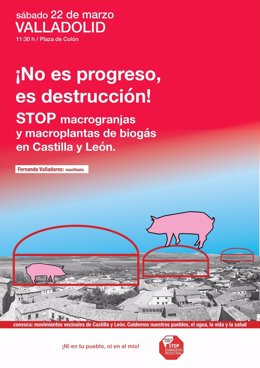 Cartel de la convocatoria de manifestación programada para el próximo 22 de marzo contra la "macrogranjas y macroplantas de biogás" en Valladolid