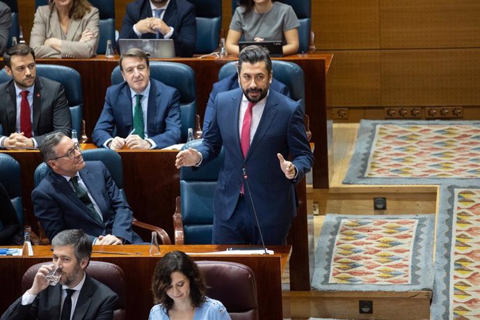 El portavoz del PP en la Asamblea, Carlos Díaz-Pache, interviene durante un pleno en la Asamblea de Madrid, a 6 de marzo de 2025, en Madrid (España).