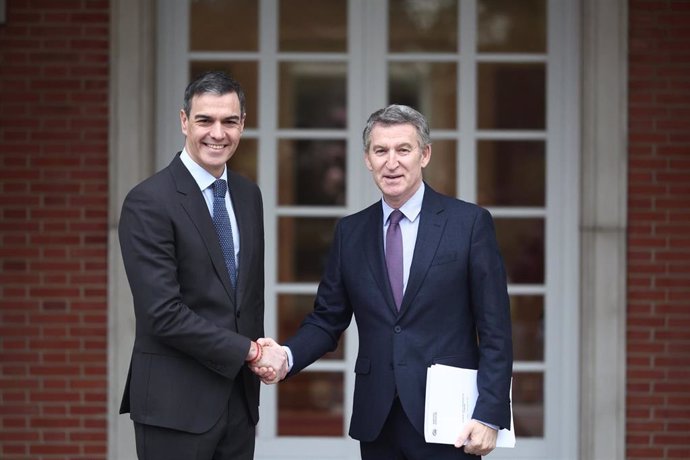 El presidente del Gobierno, Pedro Sánchez (i), recibe al presidente del Partido Popular, Alberto Núñez Feijóo (d), en el Palacio de la Moncloa, a 13 de marzo de 2025, en Madrid (España).