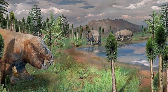Reconstrucción artística del paisaje ecológico terrestre antes del final de la extinción masiva del Pérmico basada en palinomorfos fósiles, plantas y tetrápodos recuperados, así como datos sedimentológicos de la Sección Sur de Taodonggou.