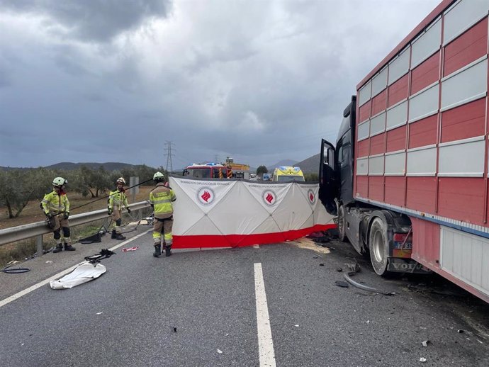 Bomberos de la Diputación de Granada del Parque de Iznalloz trabajaron en la zona del accidente entre un turismo y un camión este pasado miércoles por la tarde