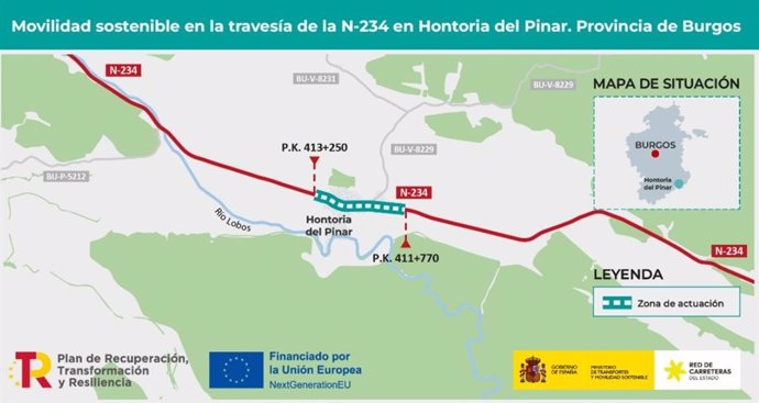 Transportes adjudica por 3 millones las obras para adecuar al paso de peatones la N-234 en Hontoria del Pinar (Burgos)