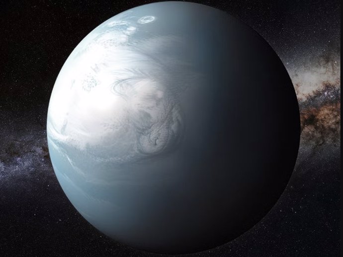 Ilustración artística de un posible mundo Hycean, donde se podrían detectar gases de haluro de metilo en la atmósfera.