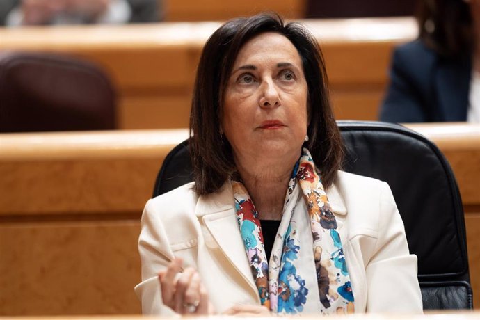 La ministra de Defensa, Margarita Robles, durante una sesión de control en el Senado, a 11 de marzo de 2025, en Madrid (España). 