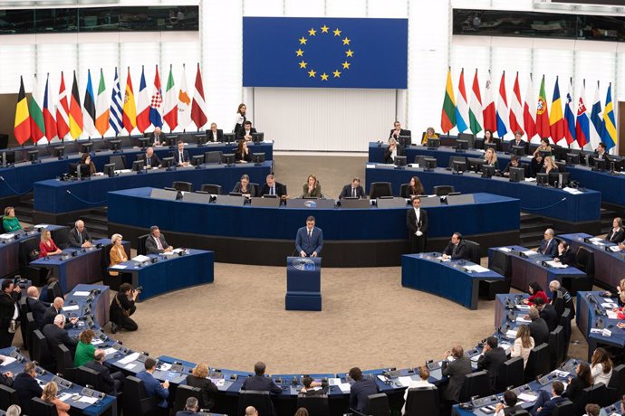 Archivo - Arquivo - O Presidente do Governo, Pedro Sánchez, comparece perante o Parlamento Europeu em 13 de dezembro de 2023 em Estrasburgo (França). Na reta final da presidência da Espanha na UE, que termina no final de dezembro, Sánchez comparecerá ao