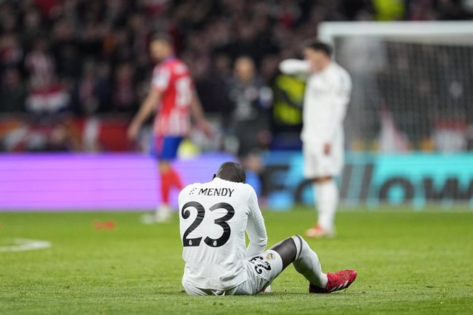 Ferland Mendy of Real Madrid gets injured during the UEFA Champions League 2024/25  League Round of 16 Second Leg match between Atletico de Madrid and Real Madrid CF, at Riyadh Air Metropolitano stadium on March 12, 2025, in Madrid, Spain.