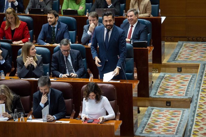 El portavoz del PP en la Asamblea de Madrid, Carlos Díaz-Pache, durante un pleno en la Asamblea de Madrid, a 13 de marzo de 2025, en Madrid (España)