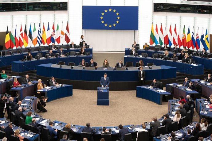 Archivo - Arquivo - O Presidente do Governo, Pedro Sánchez, comparece perante o Parlamento Europeu em 13 de dezembro de 2023 em Estrasburgo (França). Na reta final da presidência da Espanha na UE, que termina no final de dezembro, Sánchez comparecerá ao