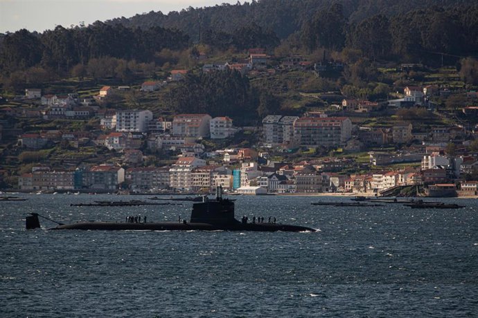 O submarino 'Isaac Peral' da Armada recala na Escola Naval de Marín (Pontevedra). A 13 de marzo de 2025. Marín (Pontevedra).