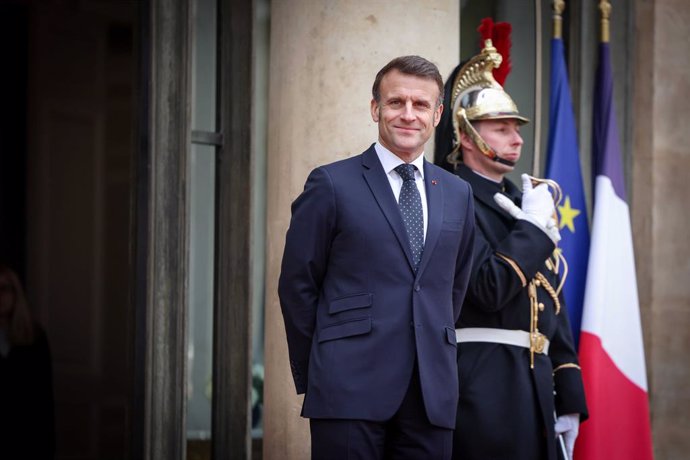 March 12, 2025, Paris, France, FRANCE: Paris, France le 12 mars 2025 - Le president franÃais Emmanuel Macron accueille le president Ouzbek Shavkat Mirziyoyev au palais de l Elysee - French President Emmanuel Macron welcomes Uzbek President Shavkat Mirziy