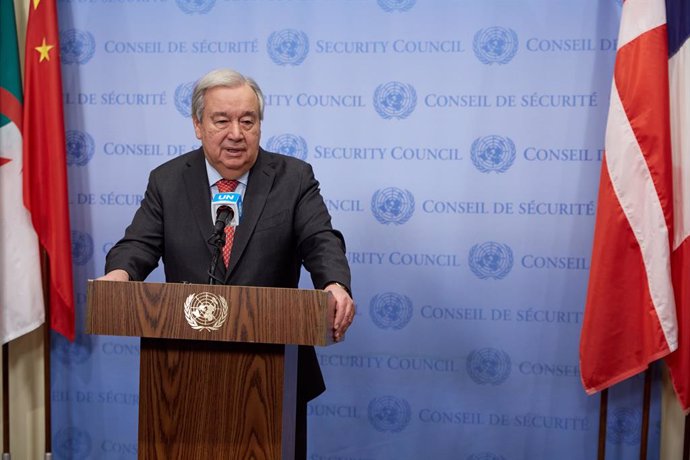 March 12, 2025, New York, New York, USA: UN Secretary-General António Guterres addresses the press outside the Security Council Chambers, discussing the UN80 Initiative, international trade, and the ongoing situation in Ukraine.